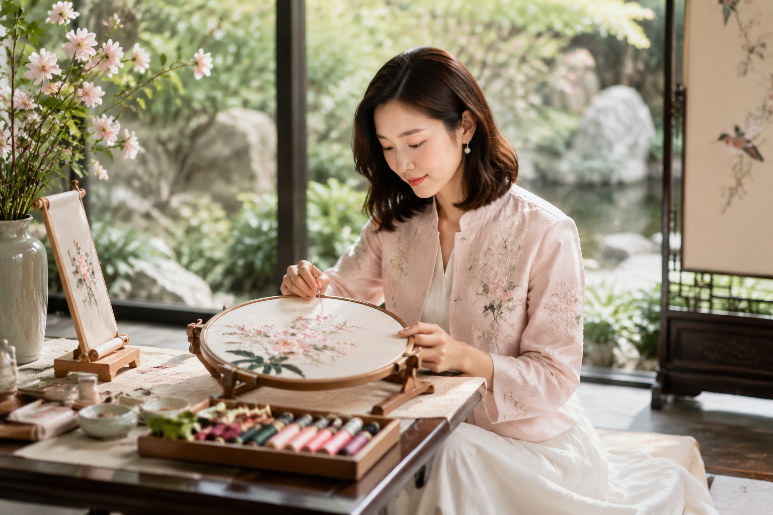 苏绣花园：让绣线、花窗和浅粉色组成不俗气的温柔感