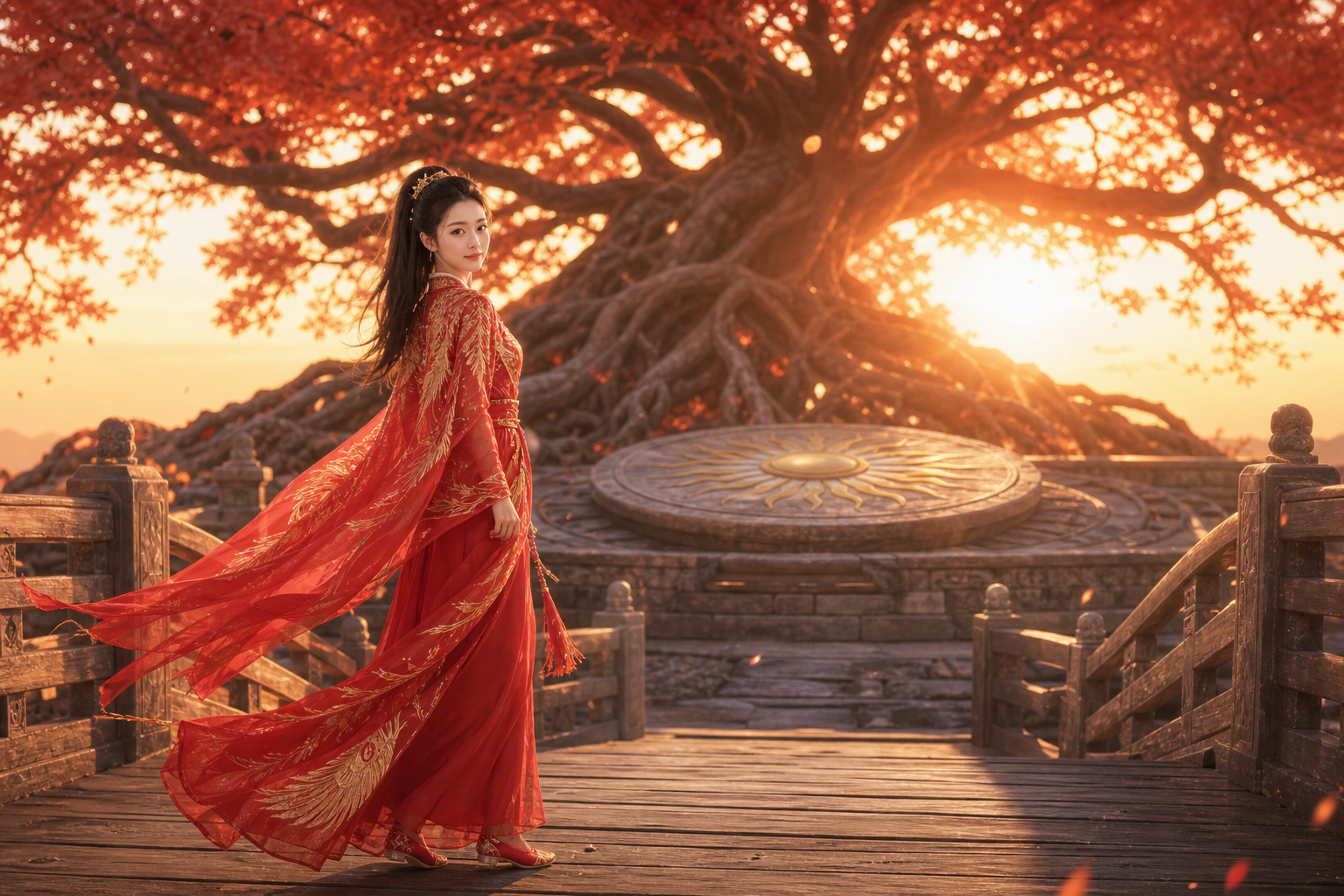 扶桑神木主题样片：人物站在日轮与神木之间，红金层次清楚