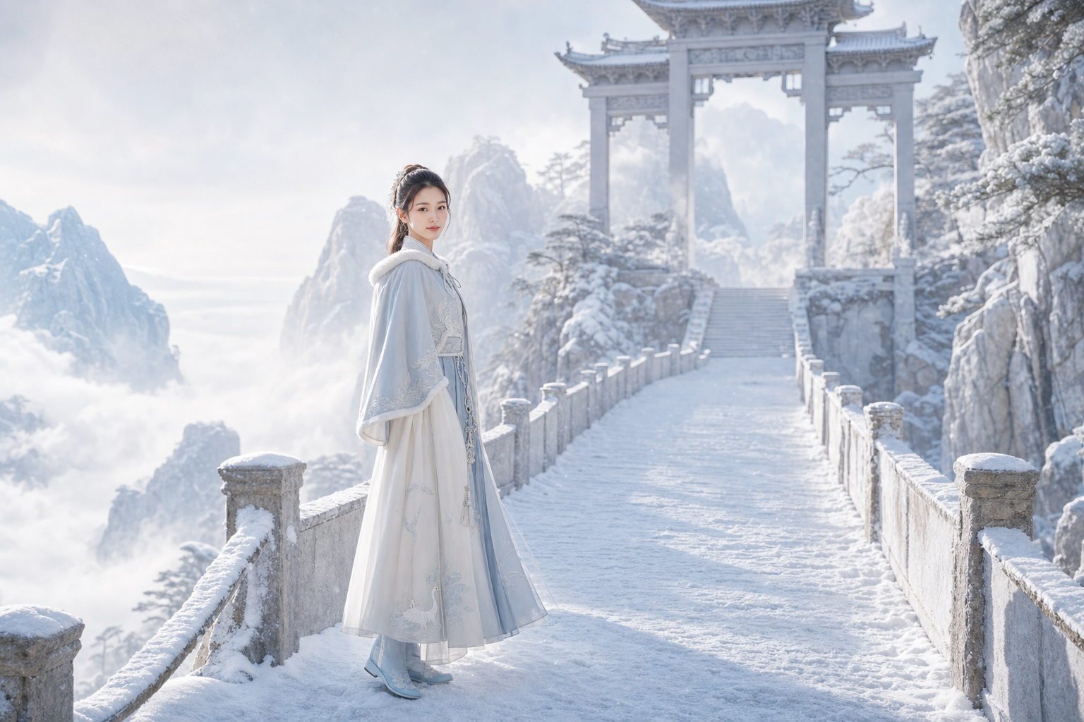 雪岭鹤洲主题中的雪桥远景全身像