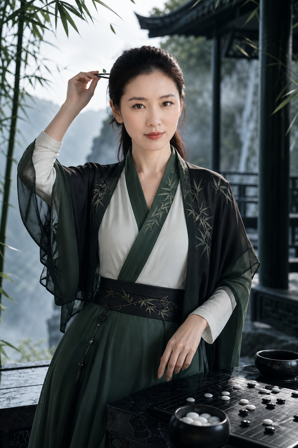 幽篁棋阁主题中的竹影棋局人像