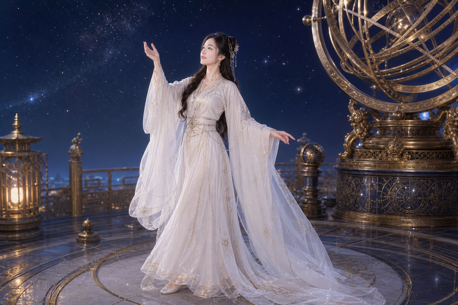 人物立于星台圆形星图地面，长袖与裙摆舒展在夜空和星仪之间